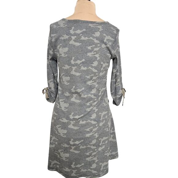 New Tribal Jeans Gray Green Camo Scoop Neck Tunic Dress 3/4 Bow Sleeves Pocket - Picture 2 of 16